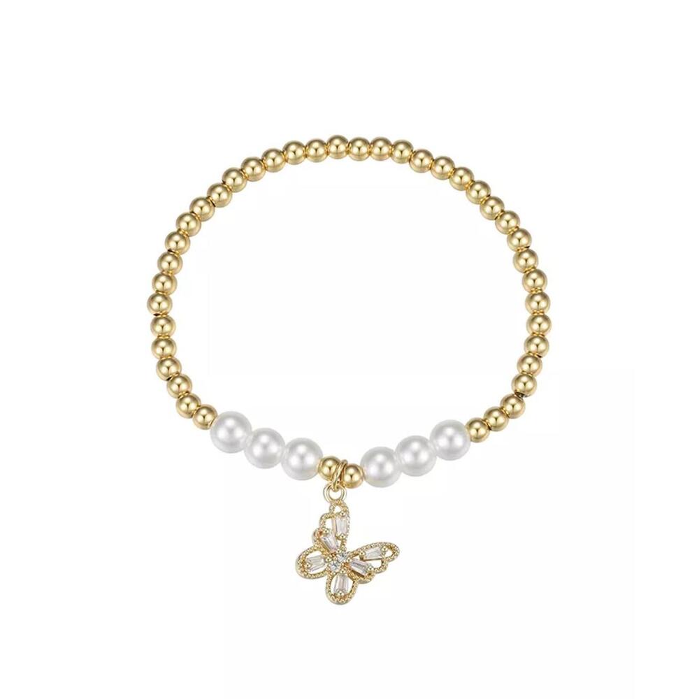 Simulated Imitation Pearl and Cubic Zirconia Butterfly Charm Stretch Bracelet